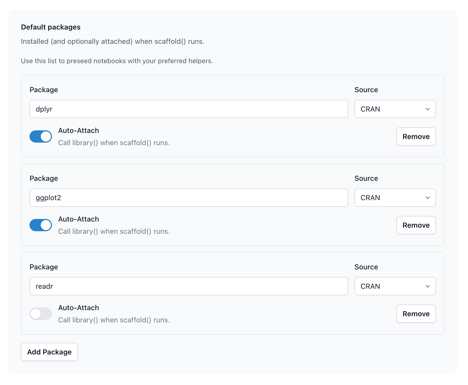 Default package configuration UI with source selector and auto-attach toggles