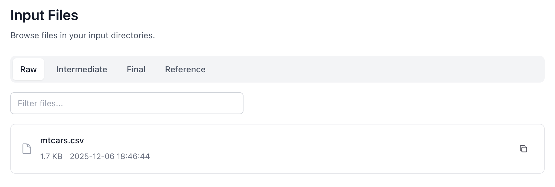 Input directory browser with tabs for Raw, Intermediate, Final, and Reference inputs
